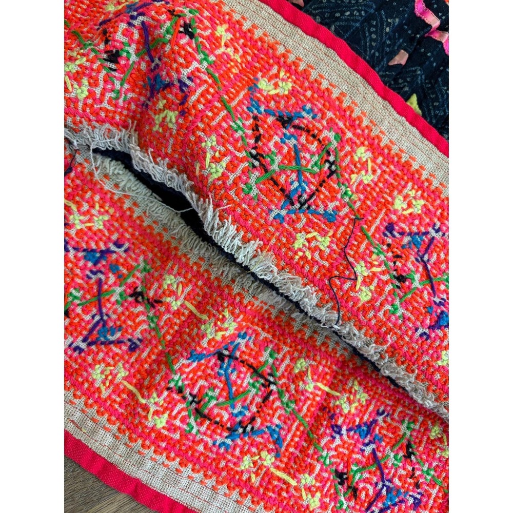 VTG 70s Thai Hmong Hand Embroidered Neon Indigo Skirt Folk Tribal Elastic Waist - Picture 4 of 7